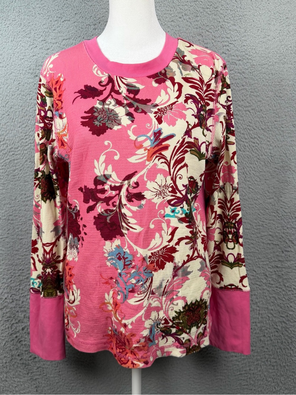 Sundance Top Women Large Pink Floral Long Sleeve Waffle Knit Stretch Preppy Boho
